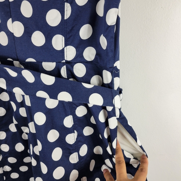 Boden Poplin Polka Dot Sleeveless Split Neck Belted Fit and Flare Midi Dress - Picture 8 of 14
